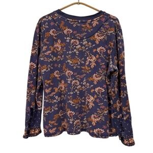 Sundance Floral Waffle Knit Long Sleeve Top Women's XXL Blue Thermal Button Cuff
